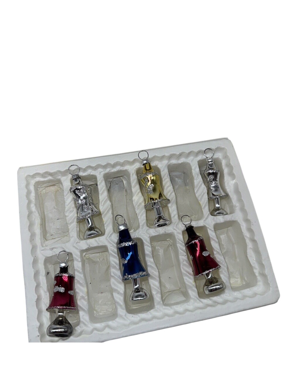 6 NEW Vintage Commodore Glass Bell Ornament Mini 1" Silver Gold Blue Red Dainty